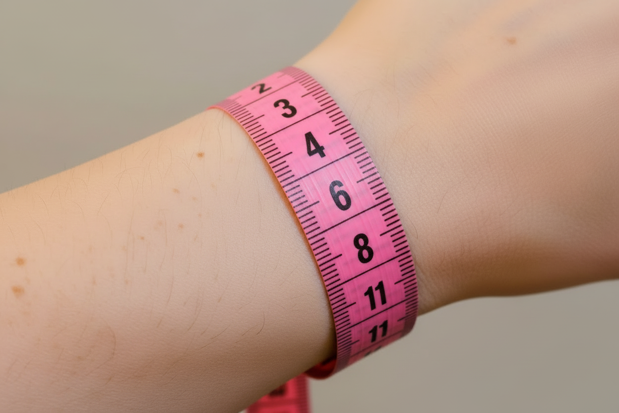 Pink measuring tape wrapped around a wrist on a neutral background