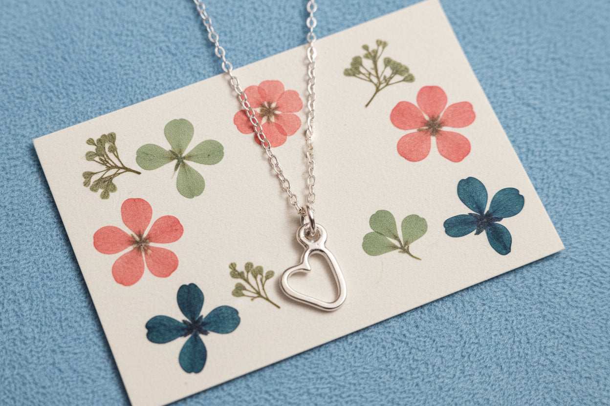 Open form sterling silver heart pendant on a sterling silver cable chain