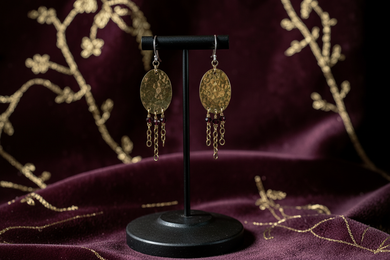 Handcrafted Garnet Tassel Earrings + Hammered Brass