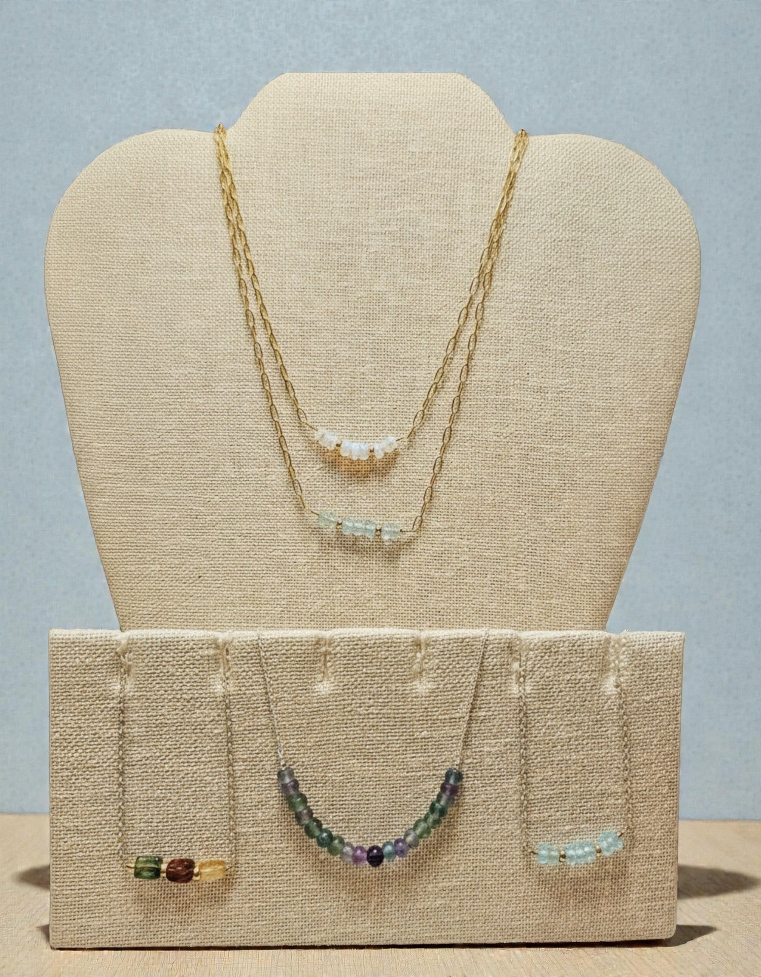 Dainty layering gemstone bar chain necklaces paired with sterling silver and 14k gold filled chains