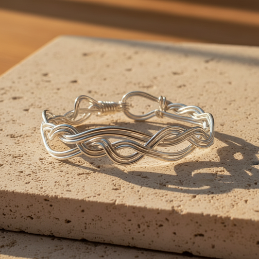 Silver handcrafted braided bracelet on a limestone tile at golden hour