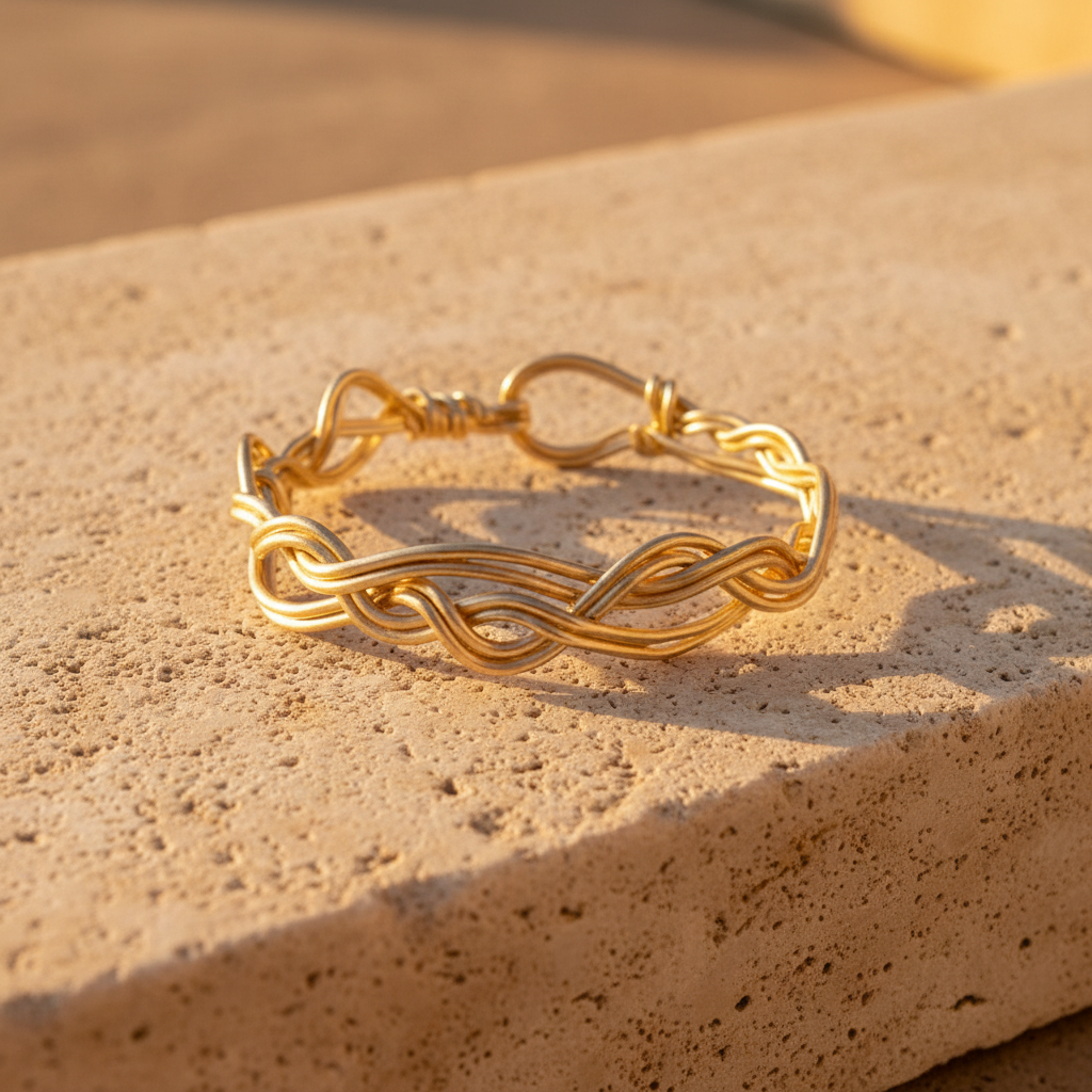 handwoven gold braided bracelet on a limestone tile at golden hour