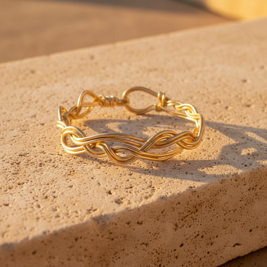 handwoven gold braided bracelet on a limestone tile at golden hour