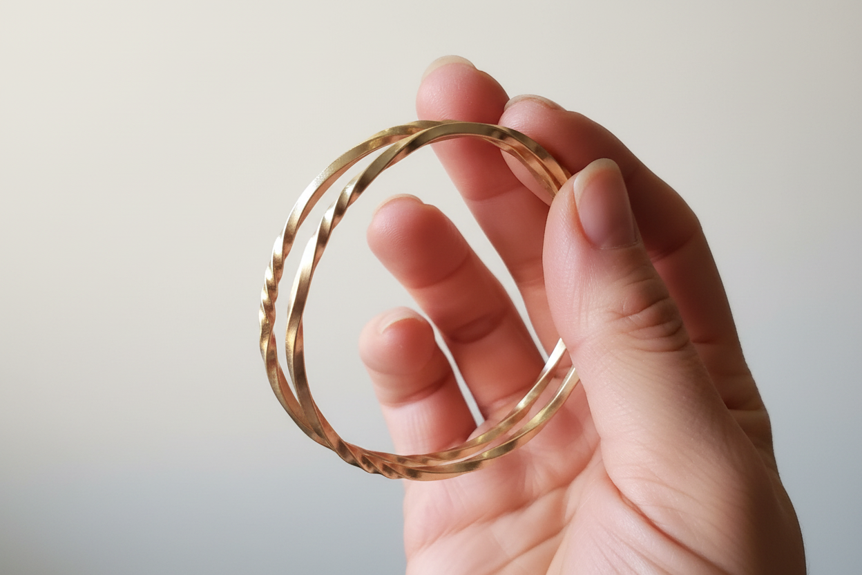 Hand holding a gold bracelet against a plain background