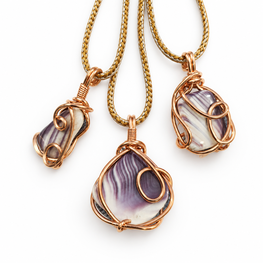 Handcrafted Copper-Wrapped Polished Wampum Pendant Necklace