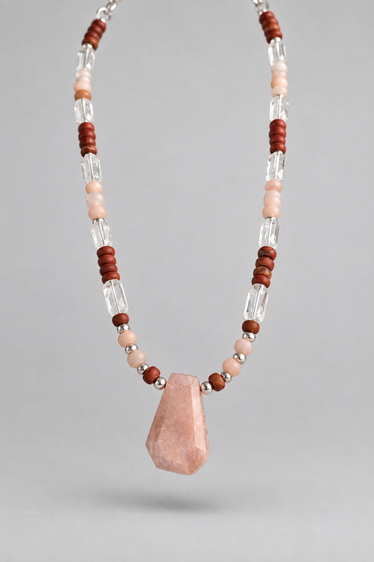 Desert Bloom: Pink Moonstone & Red Jasper Gemstone Statement Necklace