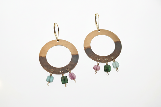 Gilded Cocoa Patina & Tourmaline Circle Dangle Earrings