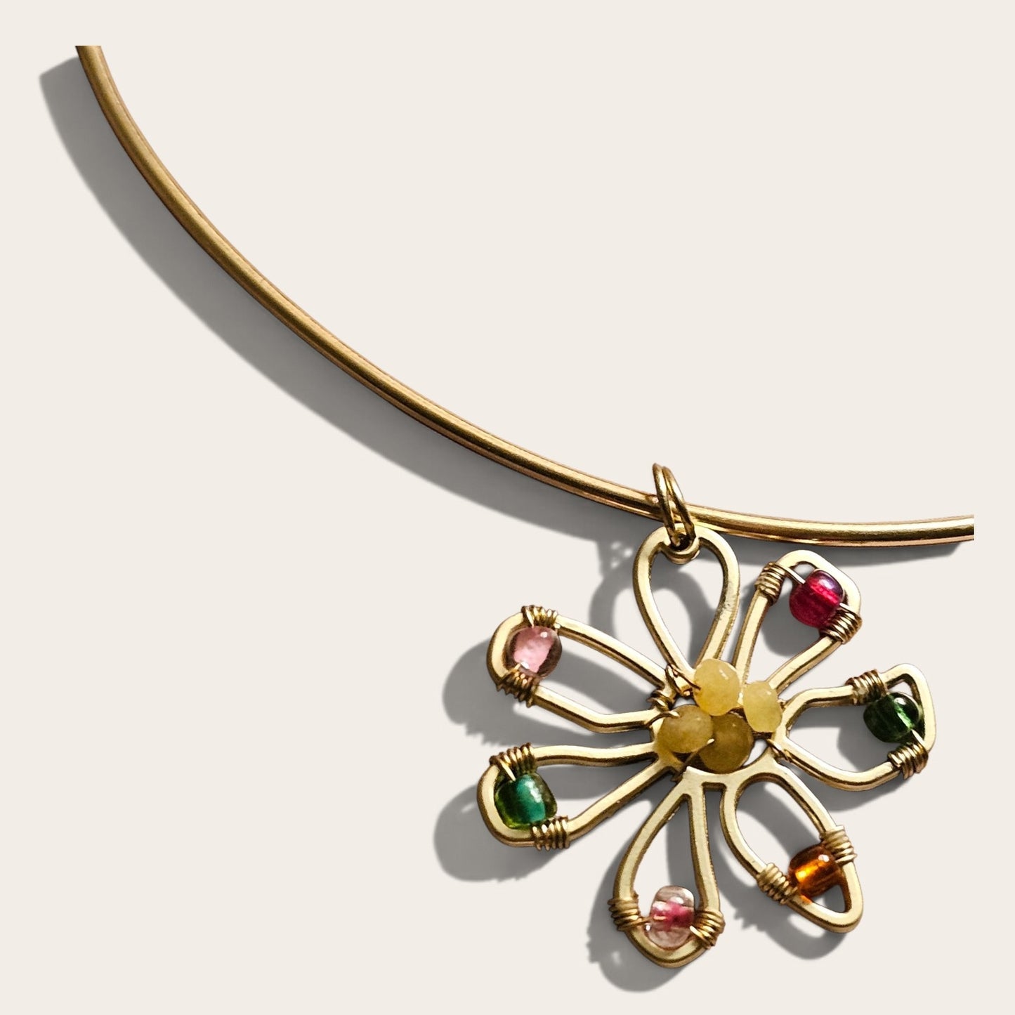 Handcrafted Floral Collar Choker – Frosted Gold & Glass Bead Accent