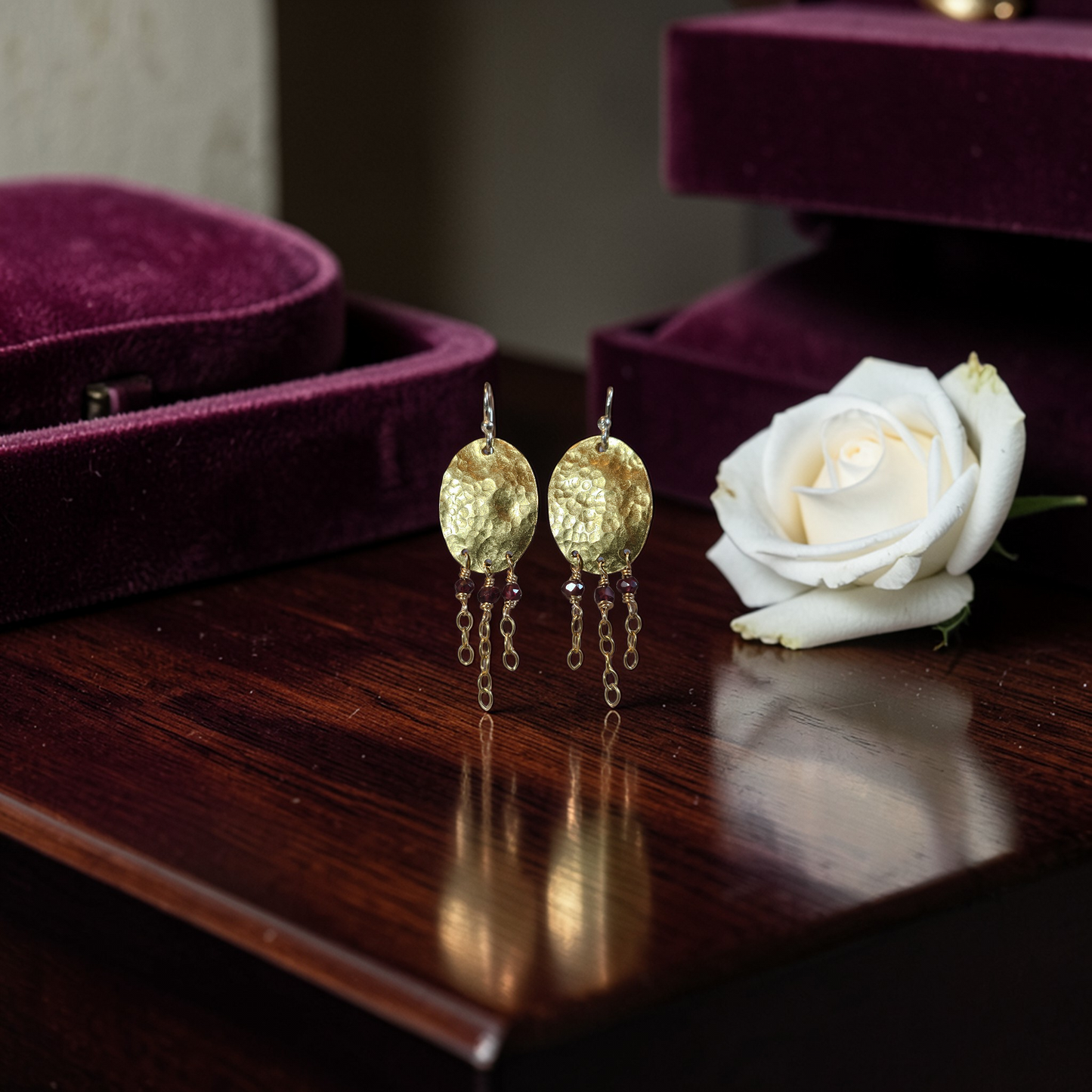 Handcrafted Garnet Tassel Earrings + Hammered Brass