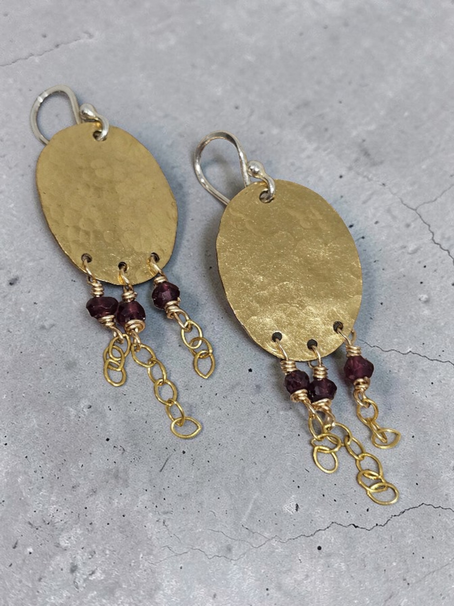 Handcrafted Garnet Tassel Earrings + Hammered Brass