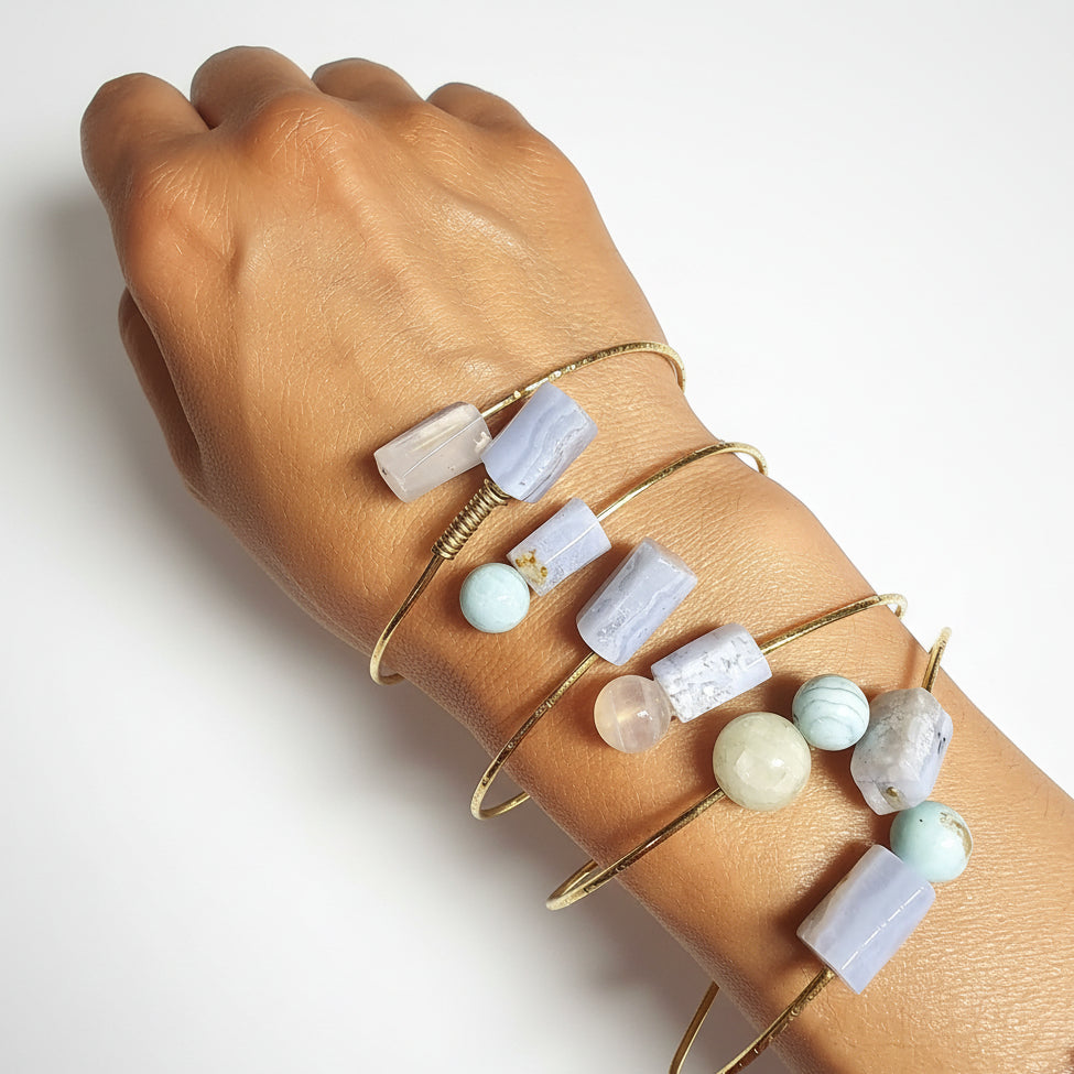 Ethereal Minimalist Hammered Brass & Gemstone Bangles