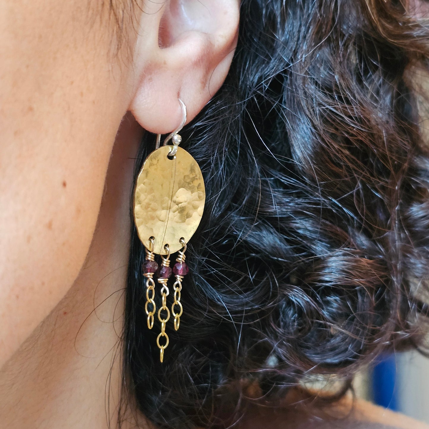 Handcrafted Garnet Tassel Earrings + Hammered Brass