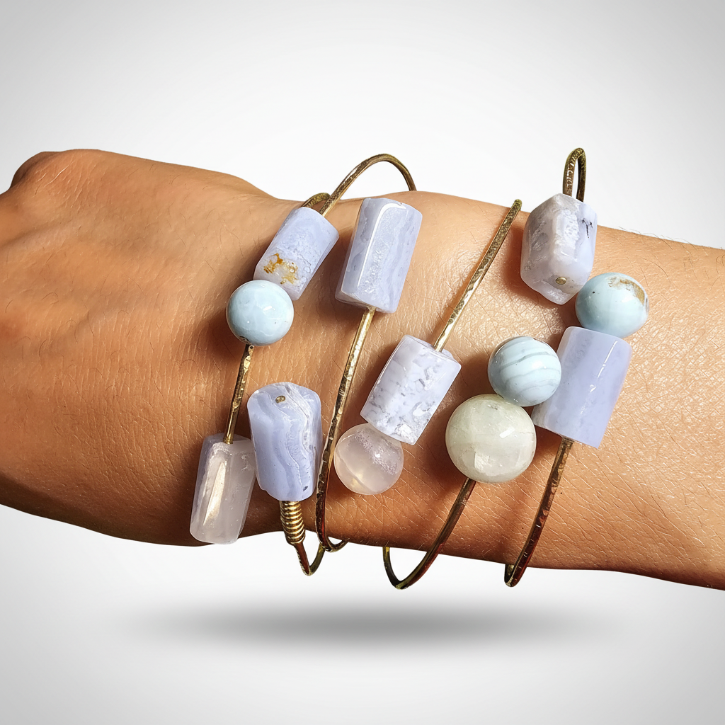 Ethereal Minimalist Hammered Brass & Gemstone Bangles