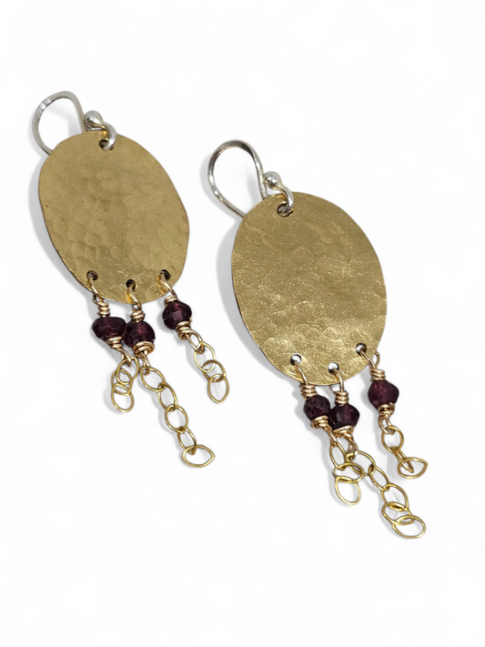 Handcrafted Garnet Tassel Earrings + Hammered Brass
