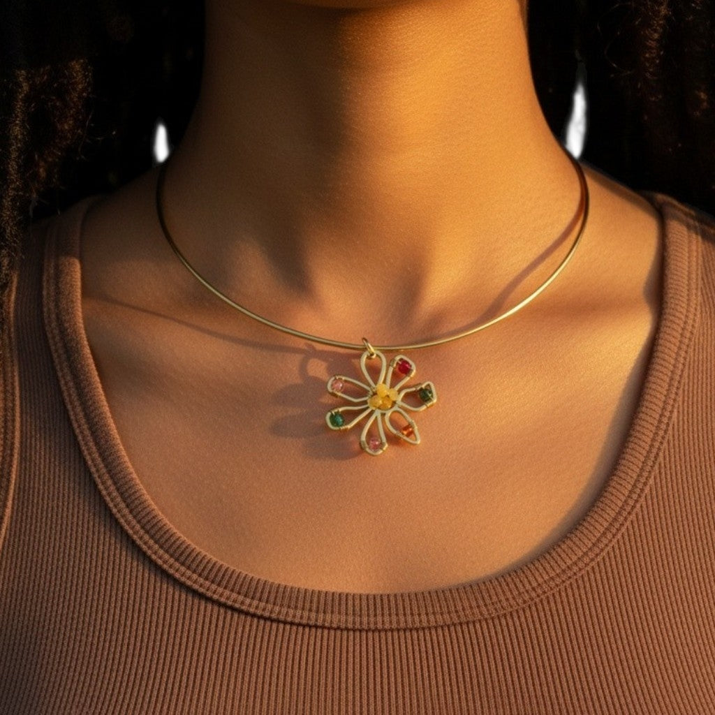 Handcrafted Floral Collar Choker – Frosted Gold & Glass Bead Accent